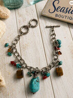 Turquoise, Tiger Eye & Jasper Stone Toggle Bracelet 8”-9”